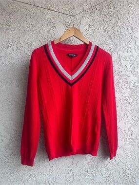 Movetes red V-Neck Sweater with Striped Trim